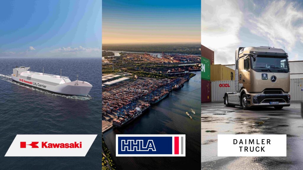 Fotomontage mit Logos und Illustrationen zu Kawasaki, HHLA und Daimler Truck