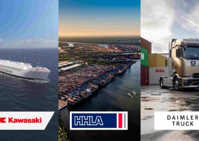 Fotomontage mit Logos und Illustrationen zu Kawasaki, HHLA und Daimler Truck
