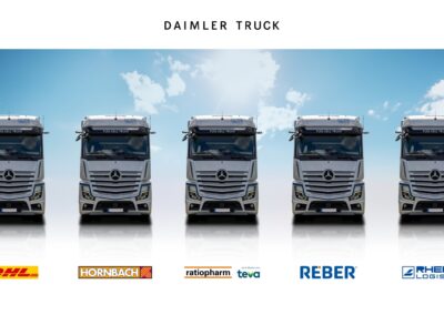 Grafik, die fünf Brennstoffzellen-Lkw Mercedes-Benz GenH2 Truck und deren Anwender mit dem jeweiligen Firmenlogo zeigt (Hornbach, Reber Logistik, Ratiopharm/Teva, Rhenus und DHL Supply Chain)