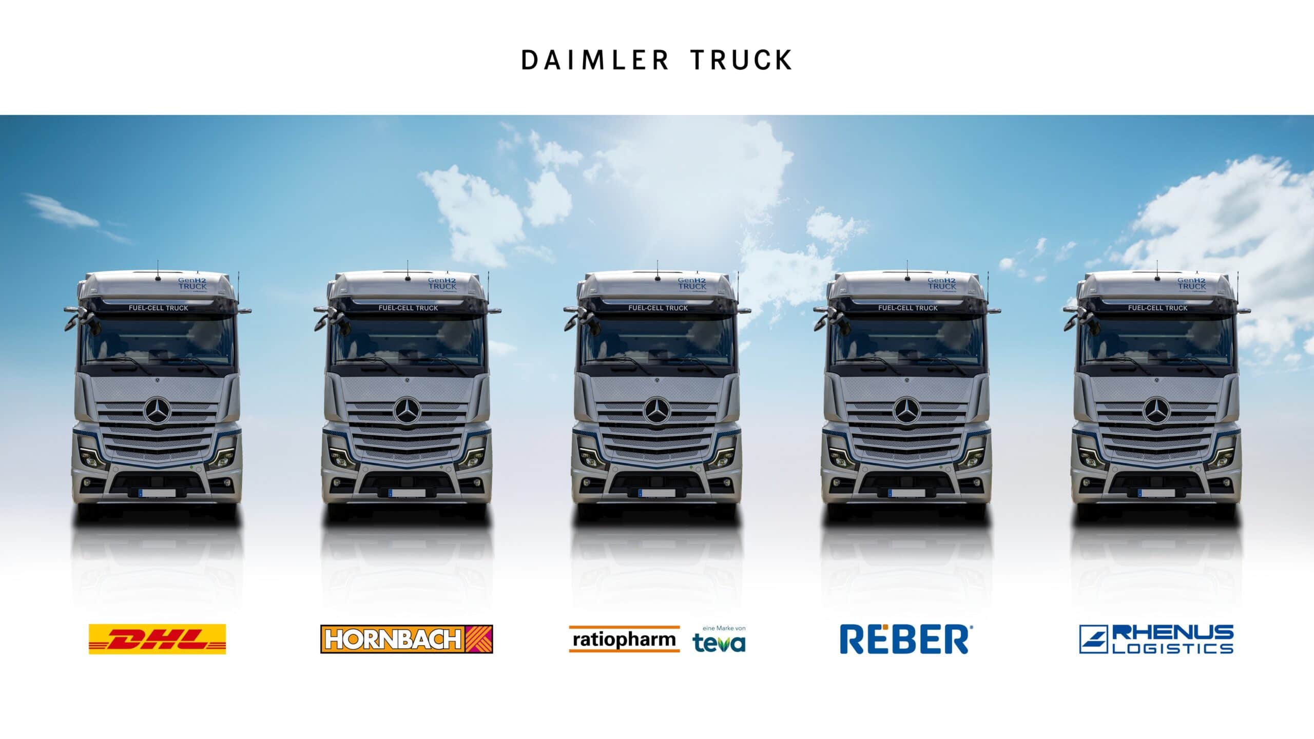 Grafik, die fünf Brennstoffzellen-Lkw Mercedes-Benz GenH2 Truck und deren Anwender mit dem jeweiligen Firmenlogo zeigt (Hornbach, Reber Logistik, Ratiopharm/Teva, Rhenus und DHL Supply Chain)