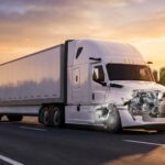 Lkw der US-Marke Freightliner, bearbeitetes Foto mit durch die Haube sichtbarem Motor