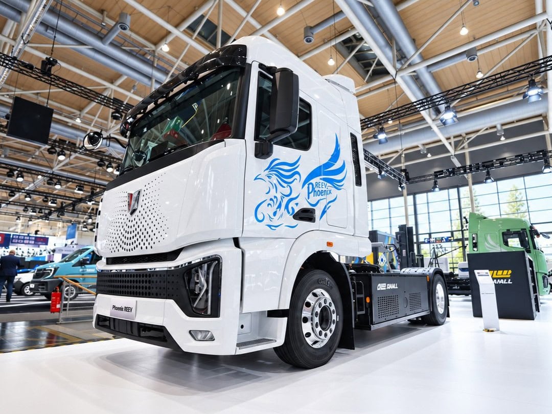 Batterieelektrische Sattelzugmaschine vom Typ Phoenix REEV von C&C Trucks mit Range Extender auf einem Messestand