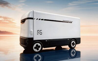 Studioaufnahme eines Konzeptfahrzeugs von Chery als autonom fahrender, kastenförmiger Kleintransporter ohne Fahrerhaus für die City-Logistik