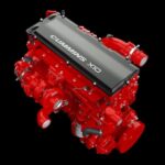 Studioaufnahme eines freigestellten 10-Liter-Cummins-Dieselmotors vom Typ X10 für Lkw und Busse
