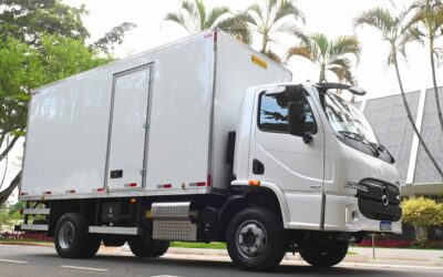 Bild eines leichten Lkw vom Typ Mercedes-Benz Accelo, wie er in Südamerika gebaut wird; 11-Tonner mit kurzem Fahrerhaus und Kofferaufbau