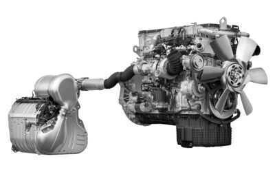 Studioaufnahme eines Lkw-Motors von Detroit Diesel mit der zugehörigen Abgasnachbehandlungsanlage