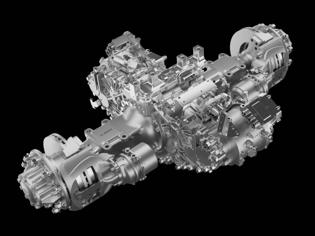 Studioaufnahme einer E-Achse von Bosch mit integriertem E-Motor und Getriebe