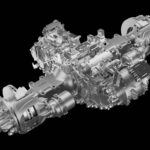 Studioaufnahme einer E-Achse von Bosch mit integriertem E-Motor und Getriebe
