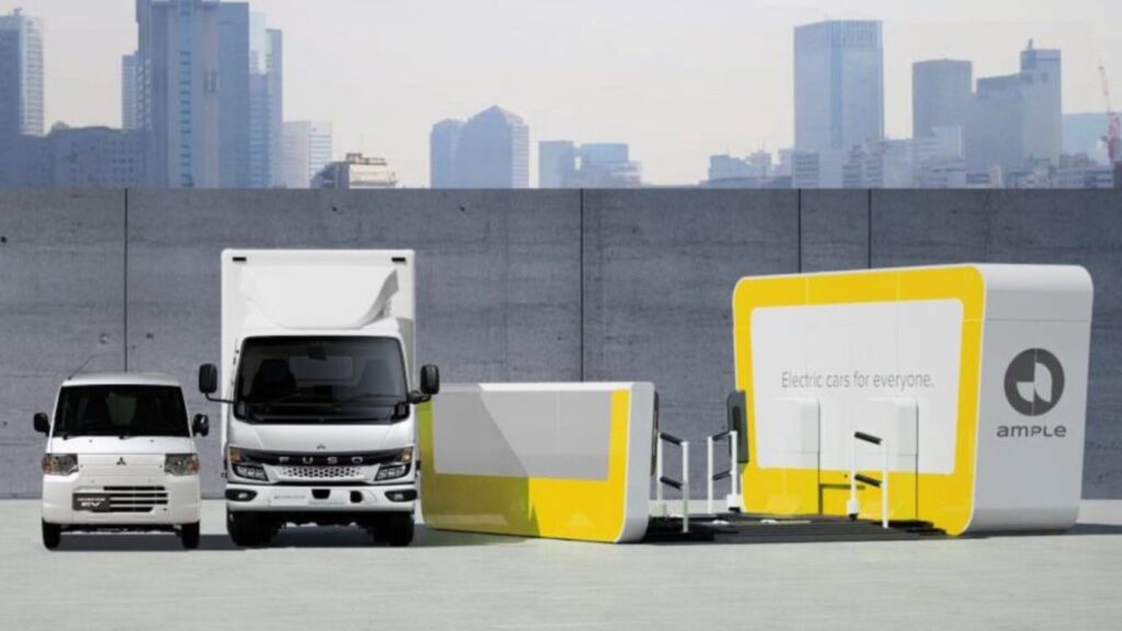 Schematische Darstellung zweier E-Fahrzeuge neben einer geplanten Batterie-Wechselstation