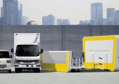 Schematische Darstellung zweier E-Fahrzeuge neben einer geplanten Batterie-Wechselstation
