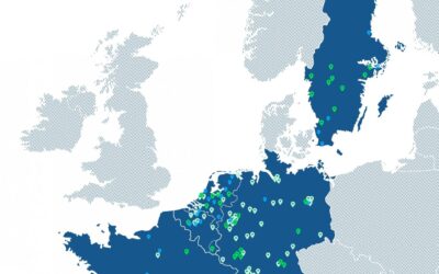 Grafik, die ein Europakarte mit bestehenden und geplanten Wasserstofftankstellen zeigt