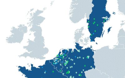 Eine Europakarte, auf der bestehende und geplante Standorte von Wasserstofftankstellen markiert sind