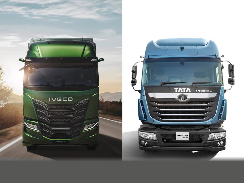 Zwei schwere Lkw von Iveco und Tata nebeneinander; Bildmontage