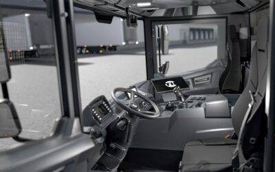 Blick in die Kabine eines Wechselbrückenumsetzers Kamag PM 101 von der Fahrerseite her