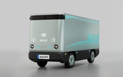 Freigestellte Studioaufnahme eines Prototyps vom Typ Maxus RoboVan als autonom fahrender, kastenförmiger Kleintransporter ohne Fahrerhaus für die City-Logistik