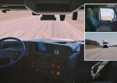 Blick aus der Windschutzscheibe eines autonom fahrenden Lkw