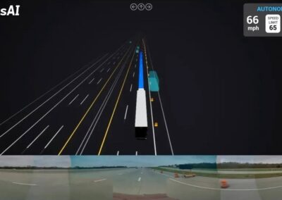 Blick auf ein Display, das im oberen Bereich einen autonom fahrenden Lkw illustriert, am unteren Rand Kamerabilder aus der Fahrzeugumgebung