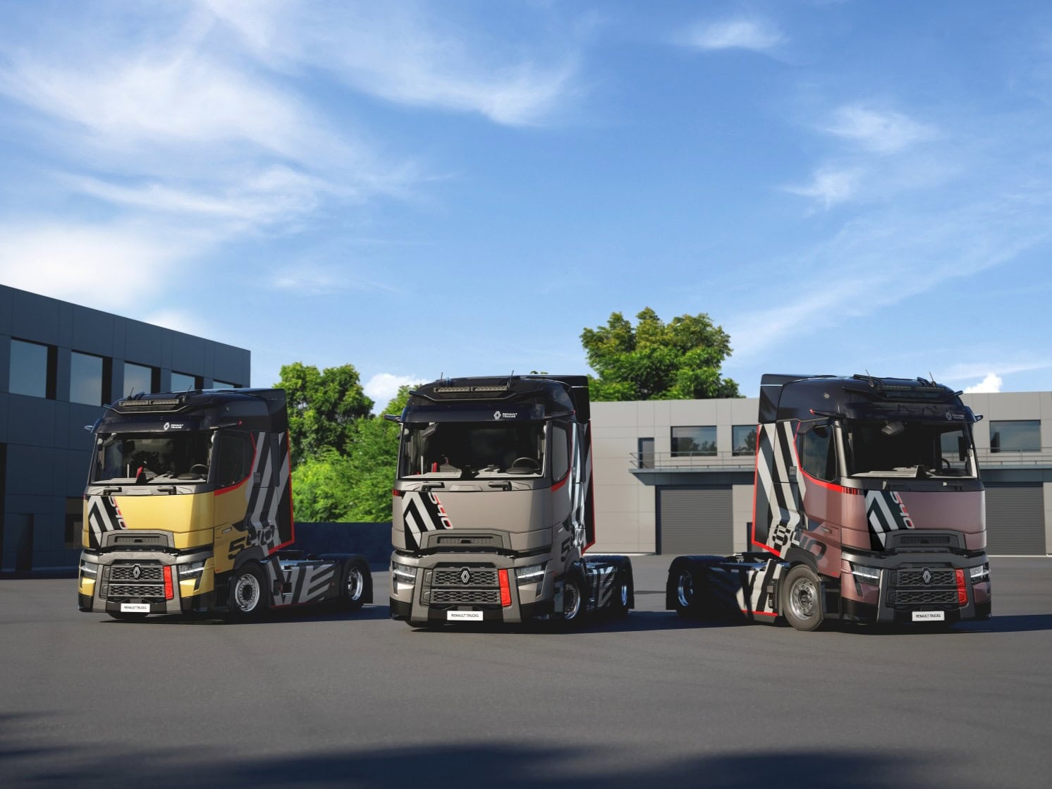 Drei Sattelzugmaschinen von Renault Trucks in der Version T High Ultimate Edition in den Farbvarianten Gold, Grau und Violett (von links nach rechts) nebeneinander, solo ohne Sattelauflieger