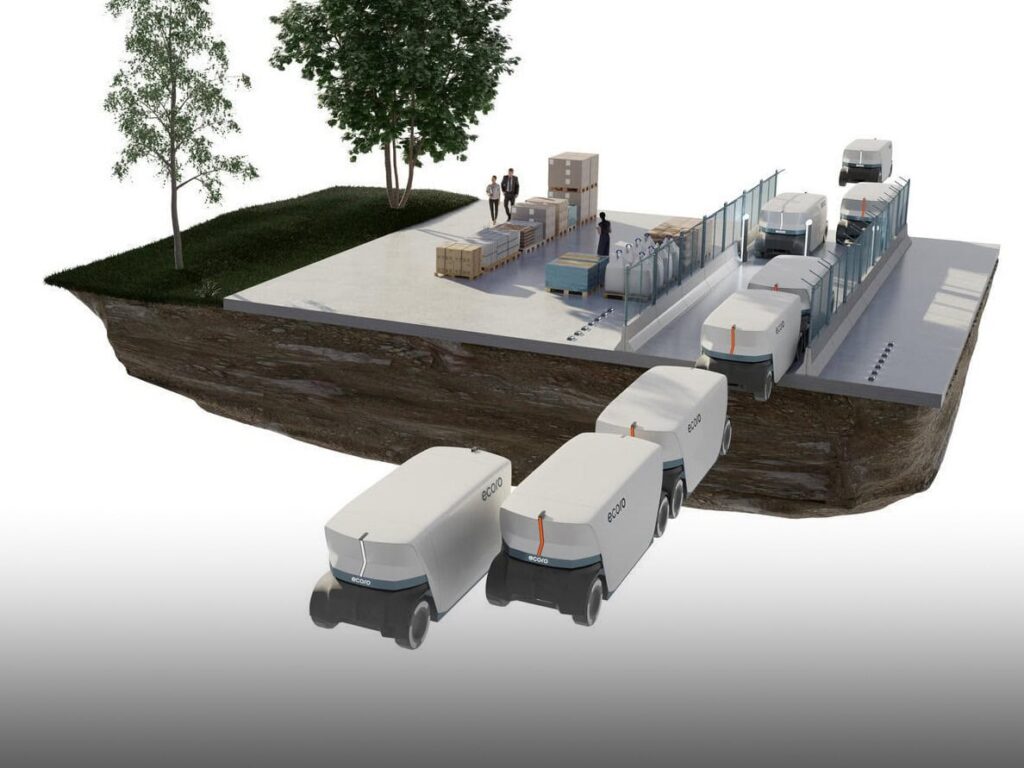 Eine Computergrafik, die automatisierte Logistikfahrzeuge auf eigenen Fahrspuren zeigt