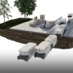 Eine Computergrafik, die automatisierte Logistikfahrzeuge auf eigenen Fahrspuren zeigt