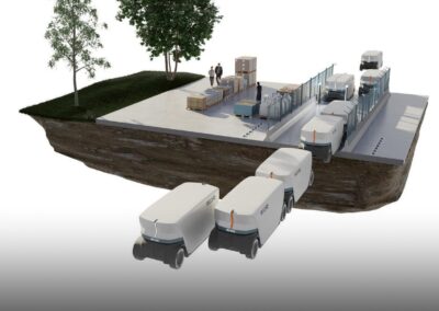 Eine Computergrafik, die automatisierte Logistikfahrzeuge auf eigenen Fahrspuren zeigt