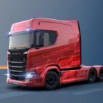 Studioaufnahme einer dreiachsigen Sattelzugmaschine Scania Longline mit verlängertem Fahrerhaus