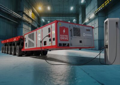 Selbstangetriebener Scheuerle-Modultransporter SPMT mit neuem Elektro-Antrieb (ePPU)